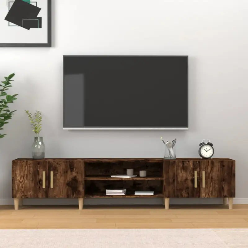 Moderne tv-meubel met bewerkt hout en houten poten voor strak interieur - Gerookt eiken / 1 - Tv-meubels