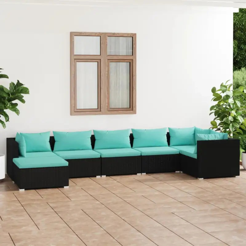 Modulaire poly rattan tuinset met comfortabele zitkussens en instelbare diepte - Zwart en blauw / 3x midden + 3x hoek