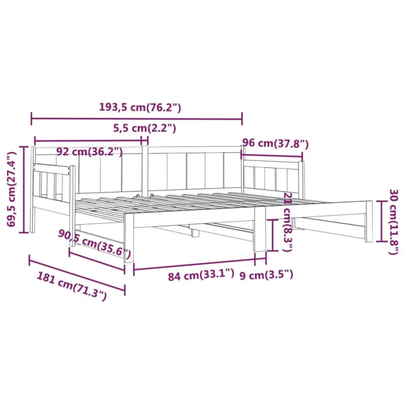 Multifunctionele slaapbank in massief Grenenhout met totale afmetingen - Bedden & bedframes