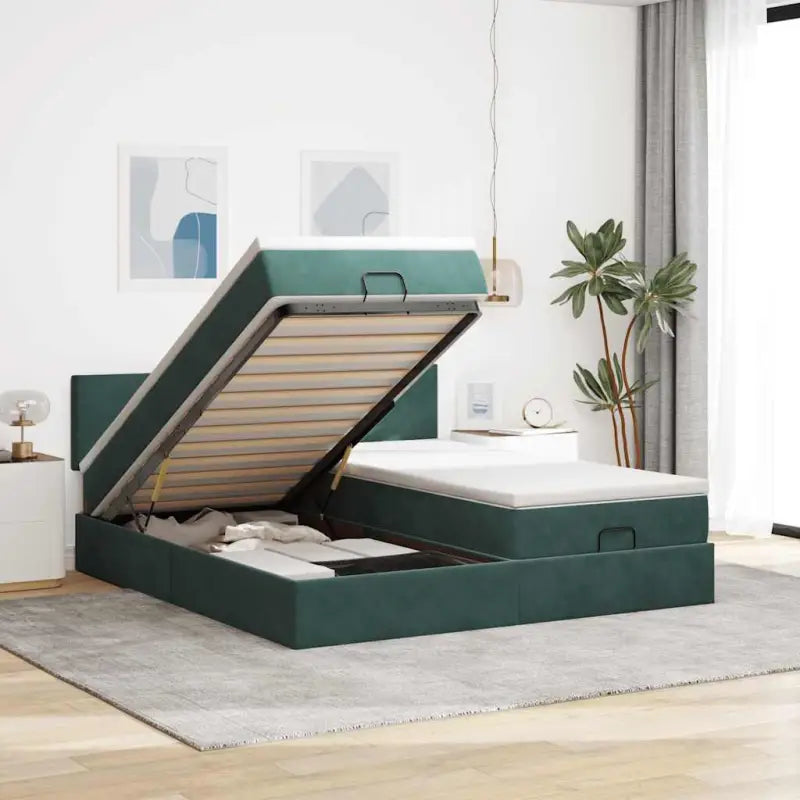 Ottomaan bed met ruime opbergruimte en zacht roze materiaal - Donkergroen / 160 x 200 cm / Effen ontwerp - Bedden &