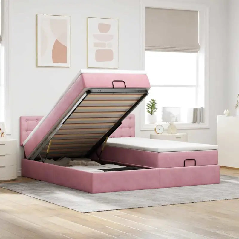 Ottomaan bed met ruime opbergruimte en zacht roze materiaal - Roze / 200 x 200 cm / Knopen - Bedden & bedframes