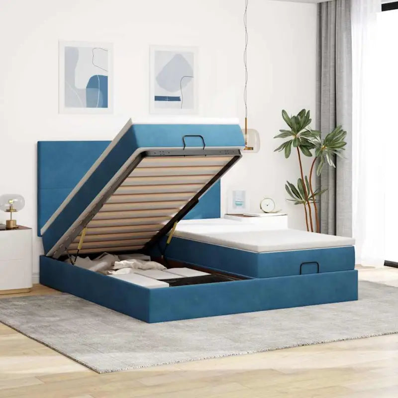 Ottomaanse bed met ruime opbergruimte en zwart materiaal - Donkerblauw / 200 x 200 cm / Effen ontwerp - Bedden &