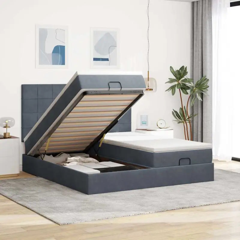 Ottomaanse bed met ruime opbergruimte en zwart materiaal - Donkergrijs / 200 x 200 cm / Blok met vierkanten - Bedden &