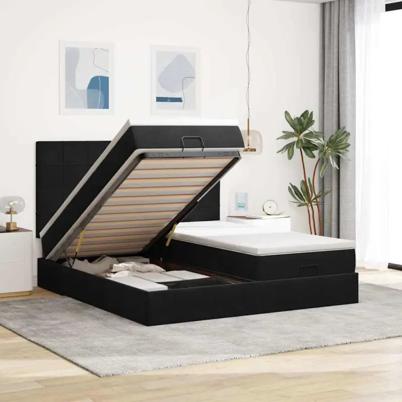 Ottomaanse bed met ruime opbergruimte in zwart materiaal - Zwart / 200 x 200 cm / Blok met vierkanten - Bedden &
