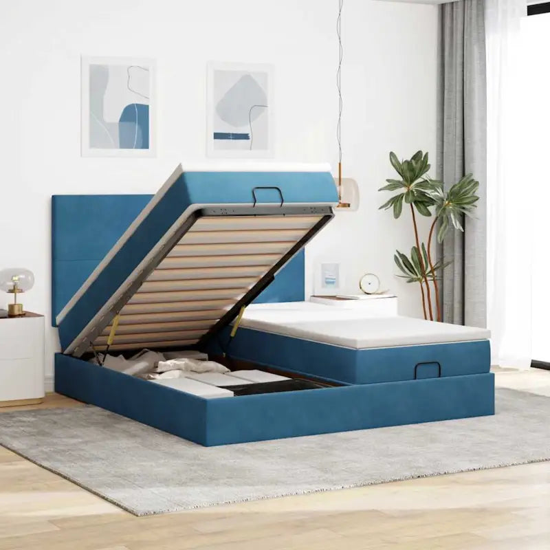 Ottomaanse bed met ruime opbergruimte in zwart materiaal - Donkerblauw / 200 x 200 cm / Effen ontwerp - Bedden &