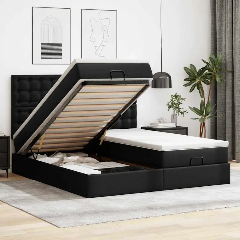 Ottomane bed met zwart materiaal en comfortabele vulling - Zwart / 200 x 200 cm - Bedden & bedframes