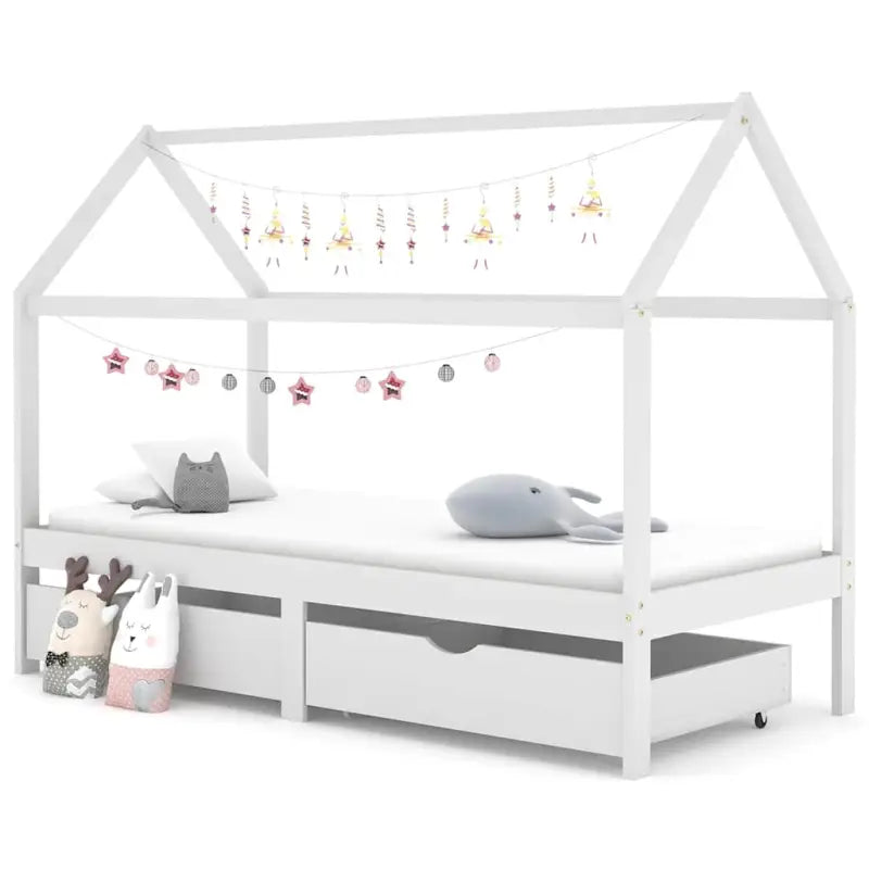 Peuter- en kinderbed met lade van massief grenenhout in boomhutstijl - Wit / 90 x 200 cm / 2 lades - Peuter- &