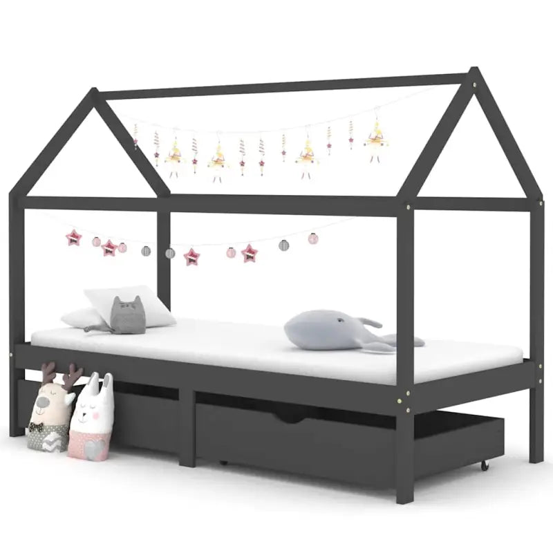 Peuter- en kinderbed met lade van massief grenenhout in boomhutstijl - Donkergrijs / 90 x 200 cm / 2 lades - Peuter- &