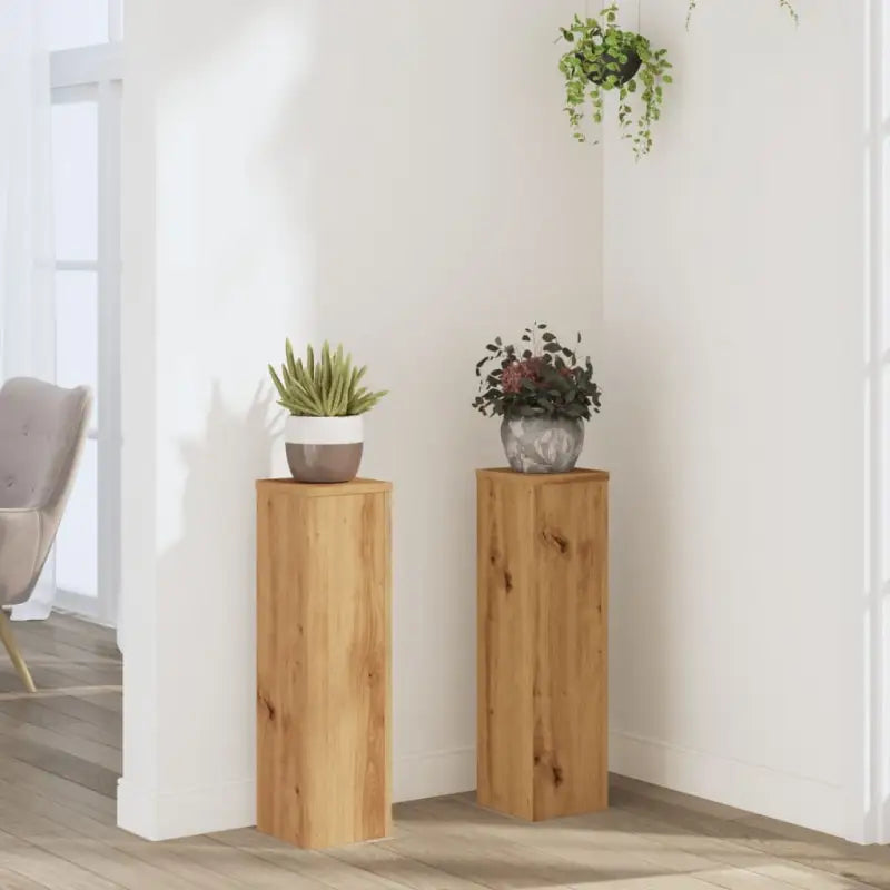 Plantenstandaarden van bewerkt hout voor planten en andere decoraties - Eiken / 17 x 17 x 60 cm / 2 - Plantenstandaarden