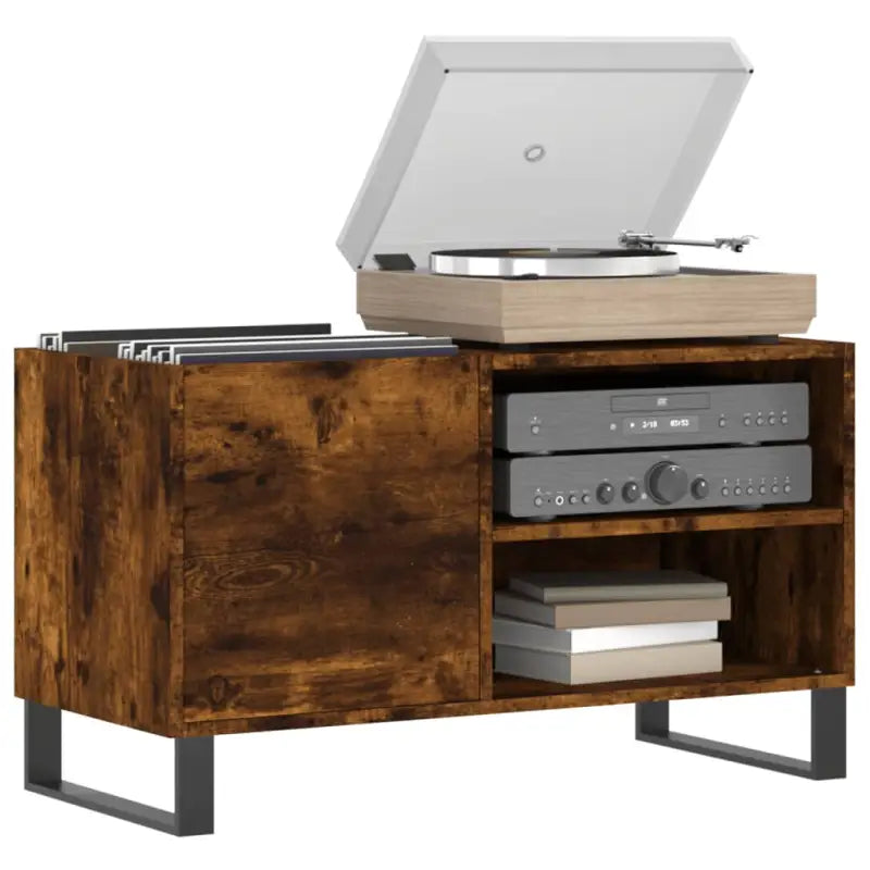 Platenkast met stevige blad en ijzeren poten van bewerkt hout - Cd- & dvd-kasten