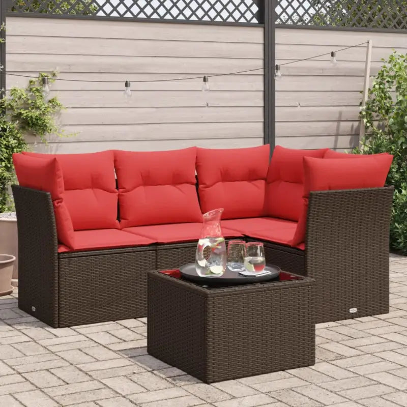 Poly Rattan Loungeset met comfortabele zitervaring en gepoedercoat staal - Bruin en rood / Met tafel - Tuinsets