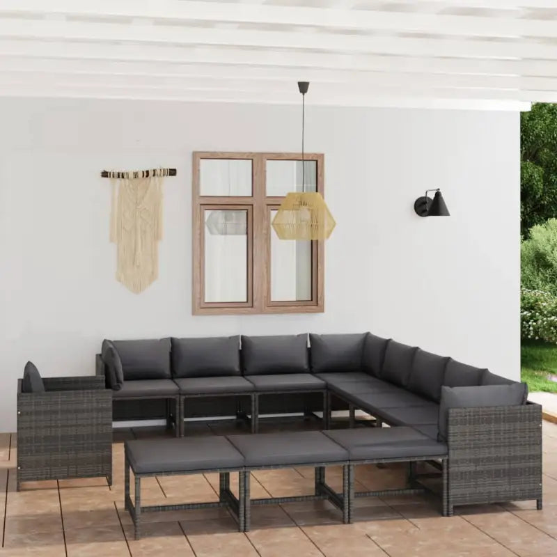 Poly rattan loungeset met diepte zitting en comfortabel materiaal vulling - Grijs / 3x hoek + 5x midden + Fauteuil + 3x