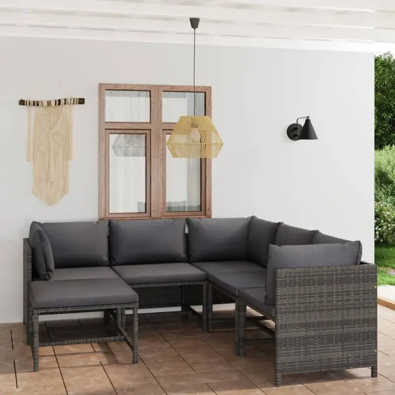 Poly rattan loungeset met diepte zitting en comfortabel materiaal vulling - Grijs / 3x hoek + 2x midden + voetensteun