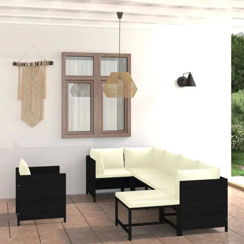 Poly rattan loungeset met diepte zitting en comfortabel materiaal vulling - Zwart / 3x hoek + 2x midden + Fauteuil