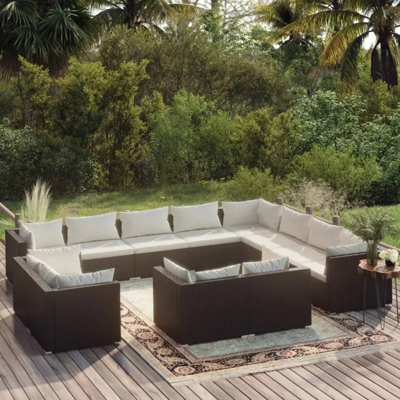 Poly rattan loungeset met diepte zitting voor moderne buitenruimte - Zwart en crème / 7x hoek + 5x midden - Tuinsets