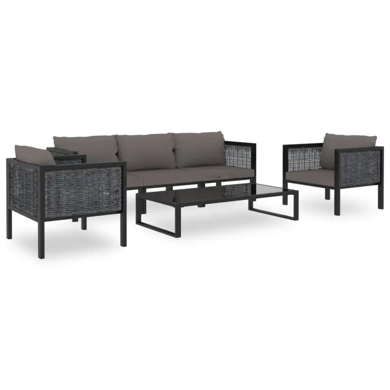 Poly rattan loungeset met gehard glas en dikte kussen voor tuin of terras - 2x hoek + midden + 2x Fauteuil + Tafel