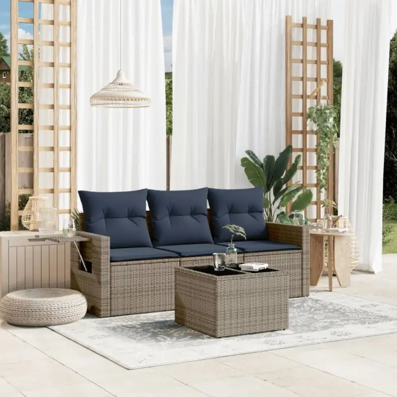 Poly Rattan Loungeset met Waterdichte Tas en Gepoedercoat Staal - Grijs en blauw / Met tafel - Tuinsets