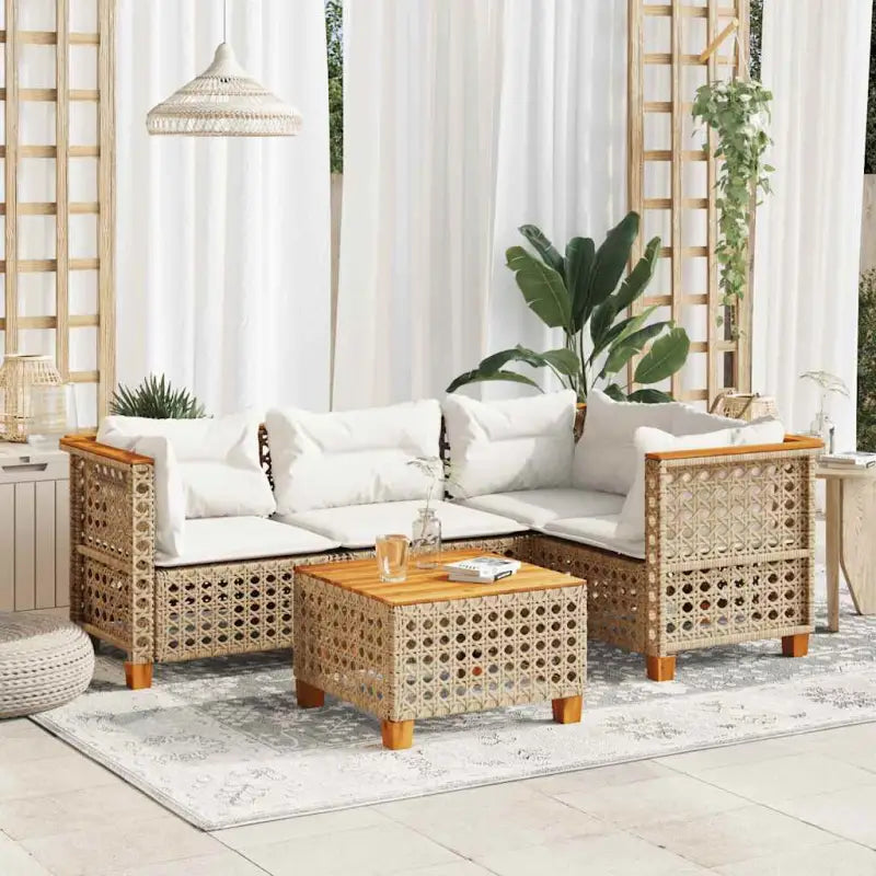 Poly Rattan Tuinset met Natuurlijke Olieafwerking en Comfortabele Zitervaring - Beige / Met tafel / gat weven - Tuinsets