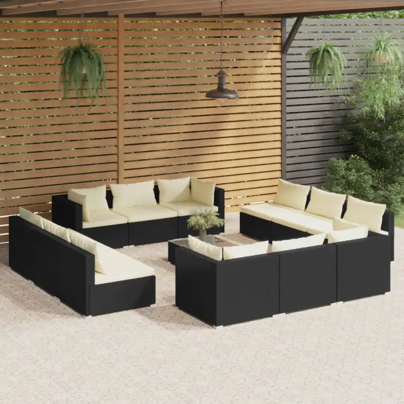 Poly Rattan Tuinset voor Ontspanning en Gezelligheid in de Buitenruimte - Zwart en crème / 4x hoek + 8x midden + Tafel