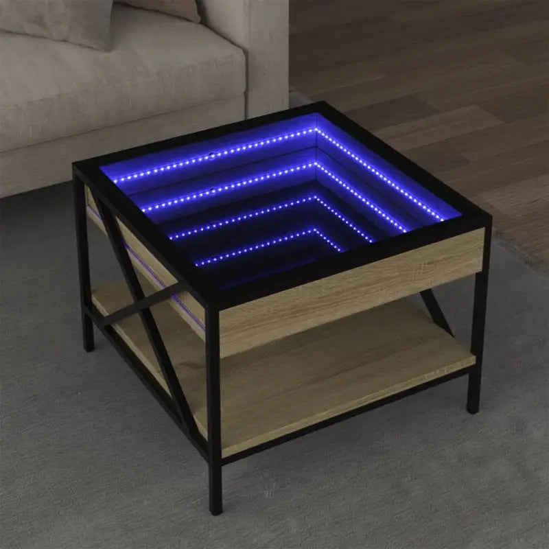 Salontafel met LED-infinity spiegel en bewerkt hout for een stijlvolle uitstraling - Sonoma eiken / 50 x 50 x 38 cm / 1