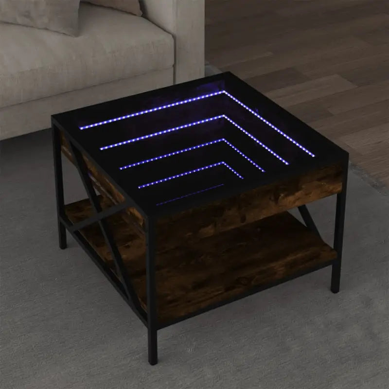 Salontafel met LED-infinity spiegel en bewerkt hout for een stijlvolle uitstraling - Gerookt eiken / 50 x 50 x 38 cm