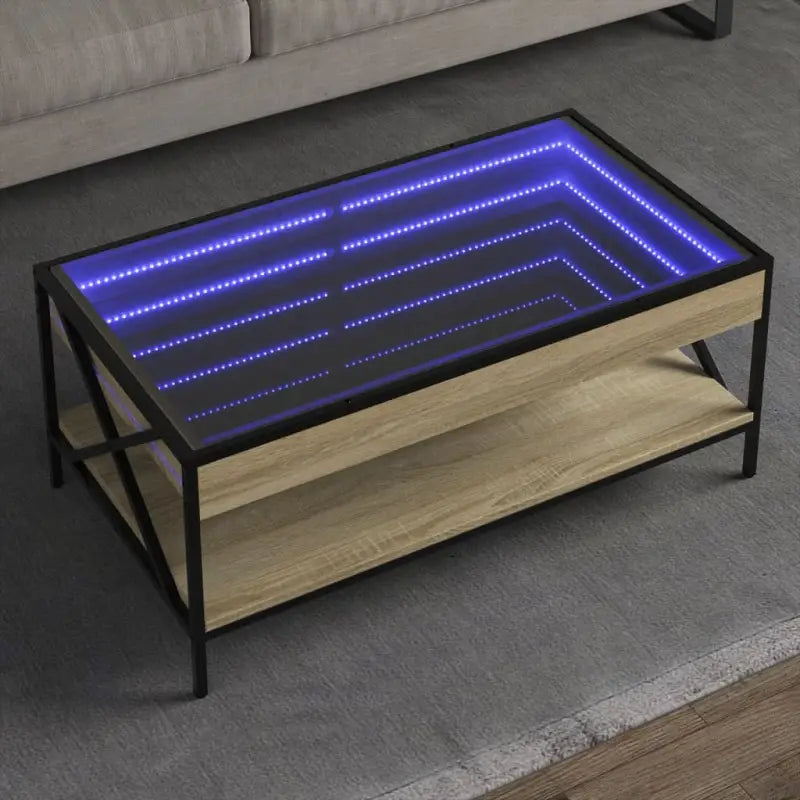 Salontafel met LED-infinity spiegel en bewerkt hout for een stijlvolle uitstraling - Sonoma eiken / 90 x 50 x 38 cm / 1