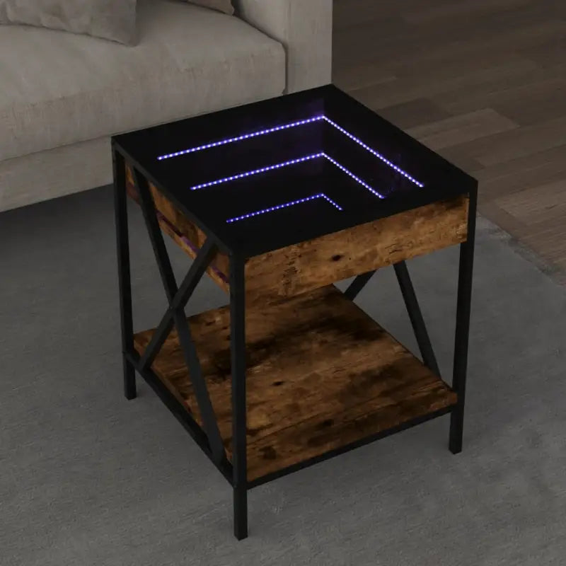 Salontafel met LED-infinity spiegel en bewerkt hout for een stijlvolle uitstraling - Gerookt eiken / 40 x 40 x 49 cm