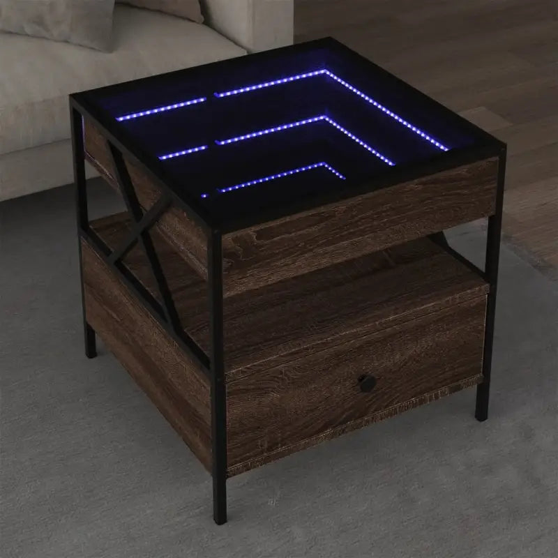 Salontafel met LED-infinity spiegel van bewerkt hout voor elke ruimte - bruin eikenkleur / 50 x 50 x 51 cm / 1