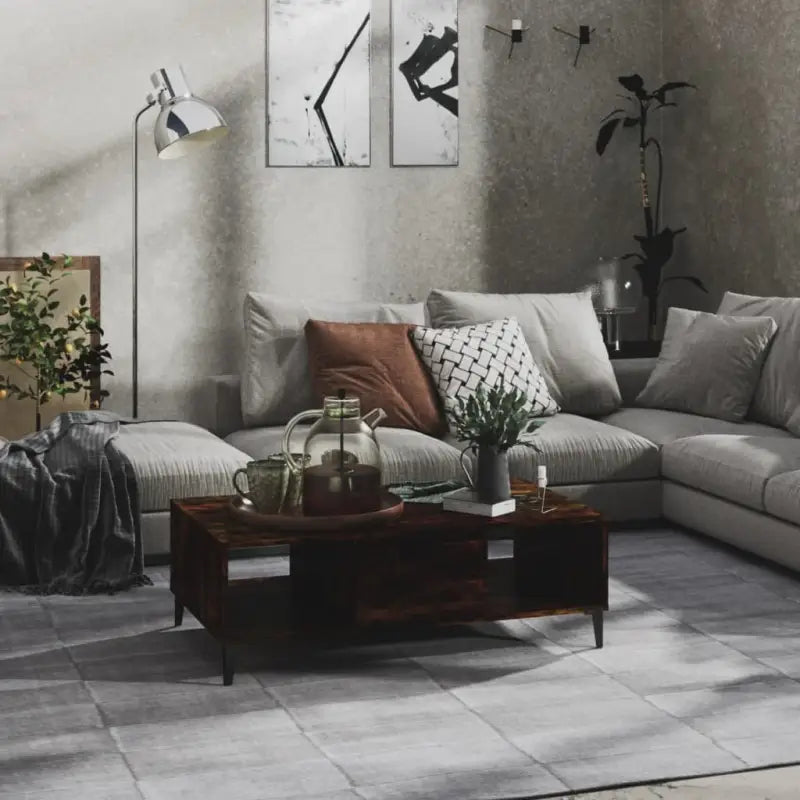 Salontafel met metalen poten en bewerkt hout in hoogglans grijs - Gerookt eiken / 1 - Salontafels