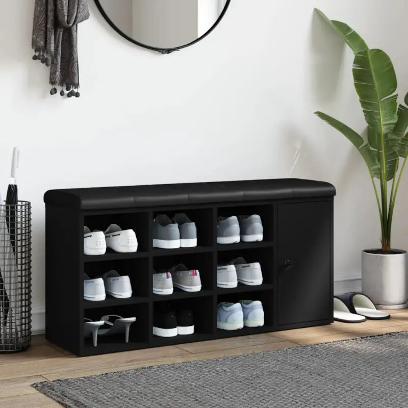 Schoenenbank met opberg- en halbankje van bewerkt hout in zwart materiaal - Opberg- & halbankjes