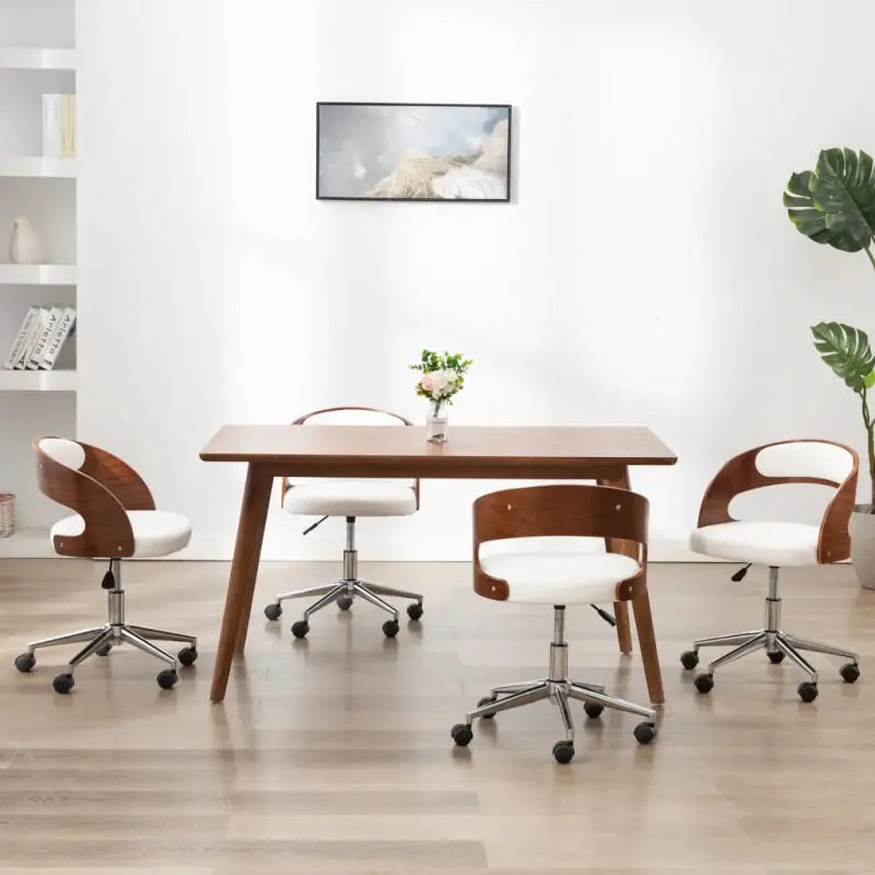 Set van 2 eetkamerstoelen met kunststof wieltjes en kunstleer bekleding - Wit / 4 - Eetkamerstoelen