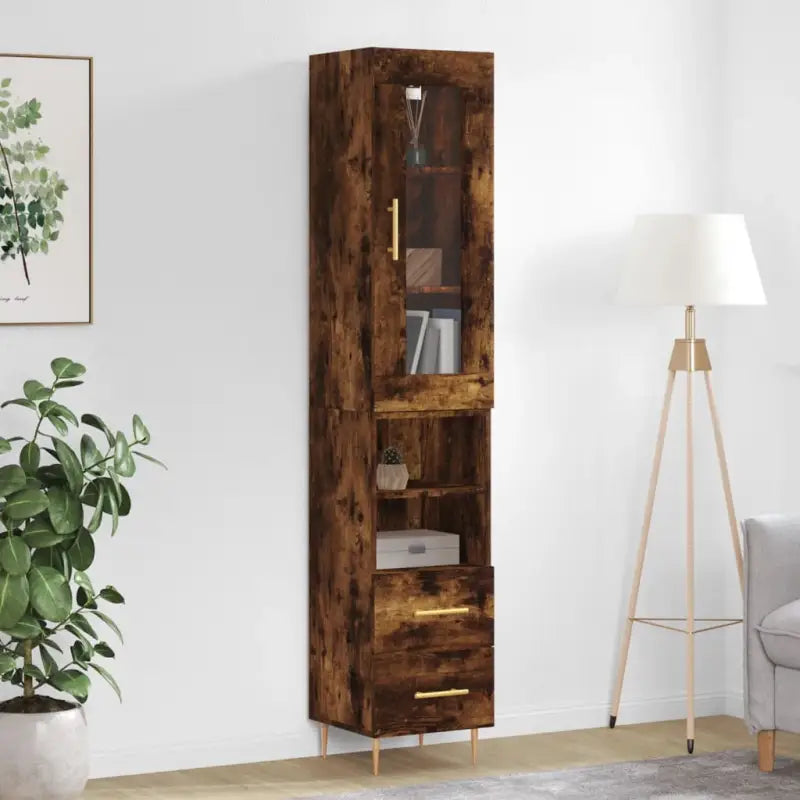 Trendy hoge kast van bewerkt hout met duurzame charme - Gerookt eiken / 1 / 2 lades 2 schappen - Dressoirs &