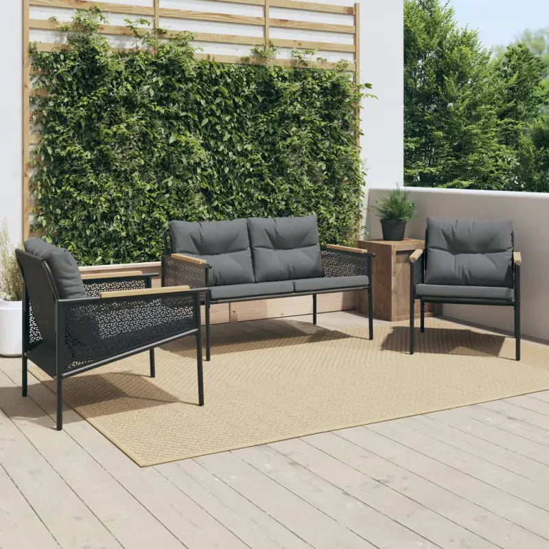 Tuinset met zwart materiaal en gepoedercoat staal voor buitenplezier - 2 x Fauteuil + Bank - Tuinsets
