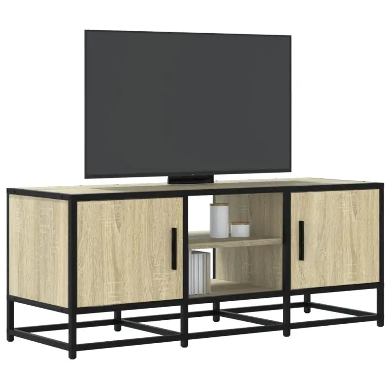 Tv-meubel in grijs Sonoma met bewerkt hout en industrieel metalen frame - Sonoma eiken / 1 / 100 cm - Tv-meubels