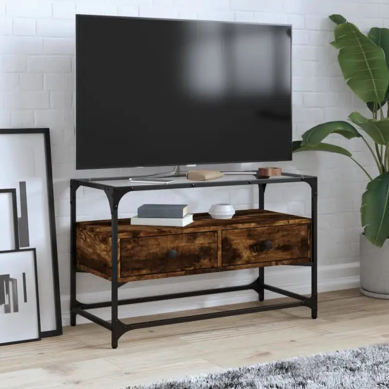 Tv-meubel met metalen frame en glazen blad voor een industrieel interieur - Gerookt eiken / 1 / 80 cm - Tv-meubels