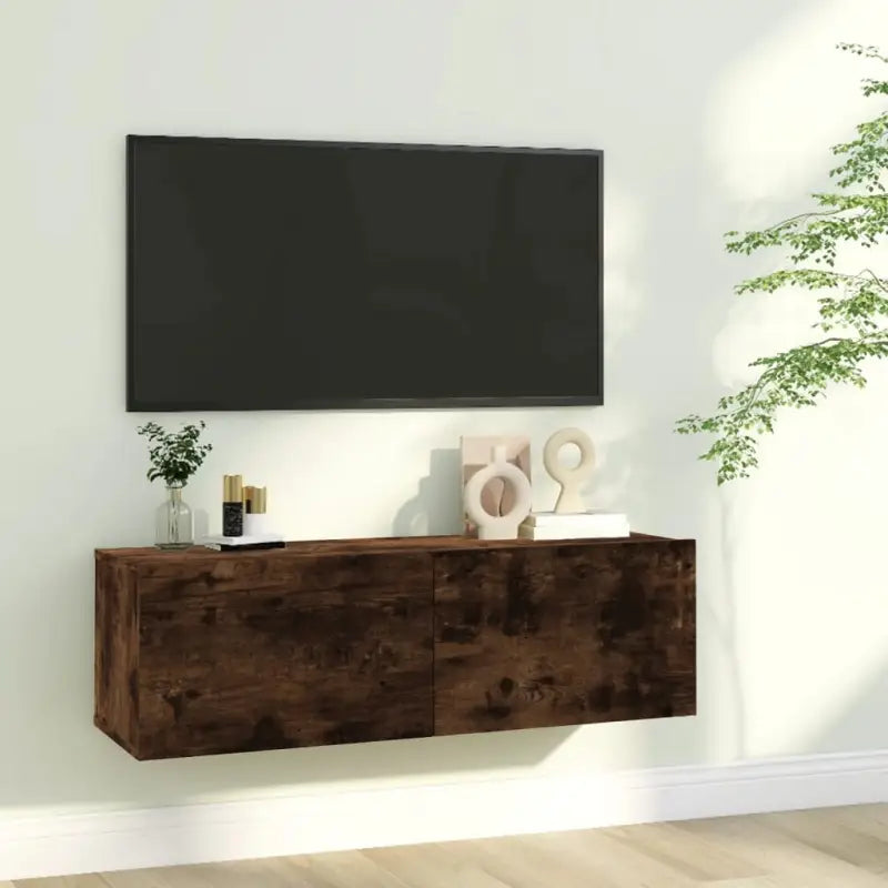 Tv-meubel met neerklapbare deuren en bewerkt hout voor een stijlvolle kamer - Gerookt eiken / 1 / 100 cm - Tv-meubels