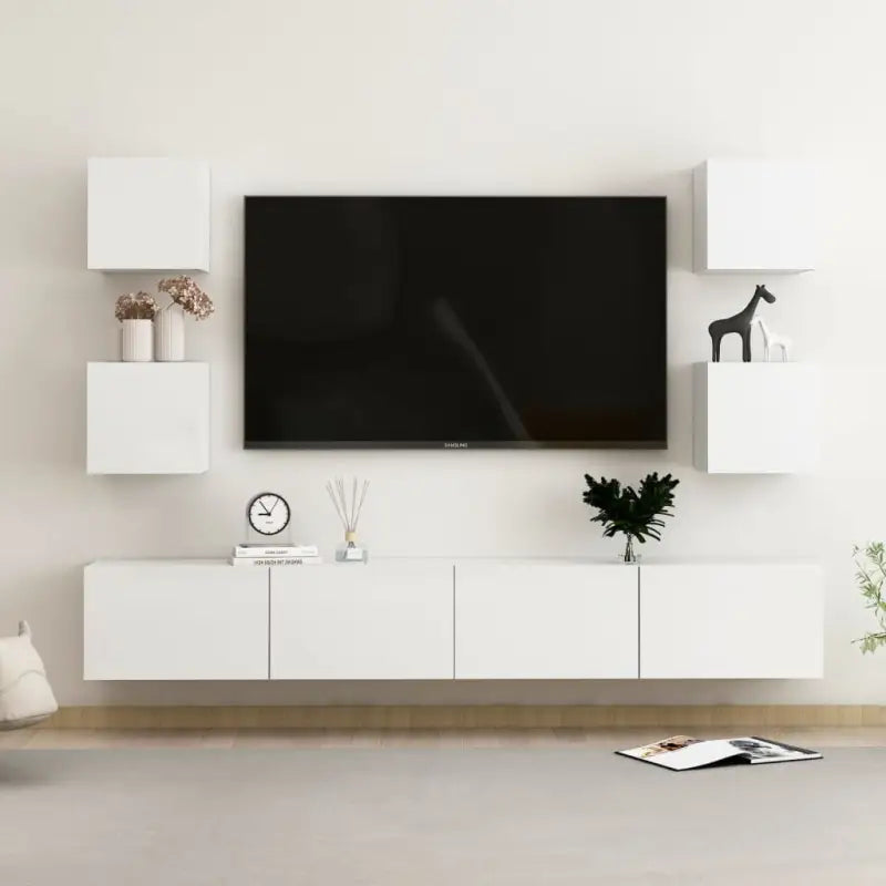 Tv-meubel van bewerkt hout met muurbevestiging en tijdloos design - Hoogglans wit / 1 / 200 cm - Tv-meubels