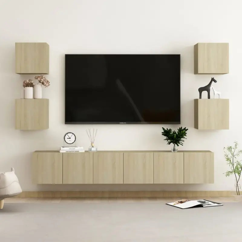 Tv-meubel van bewerkt hout met muurbevestiging en tijdloos design - Sonoma eiken / 1 / 180 cm - Tv-meubels