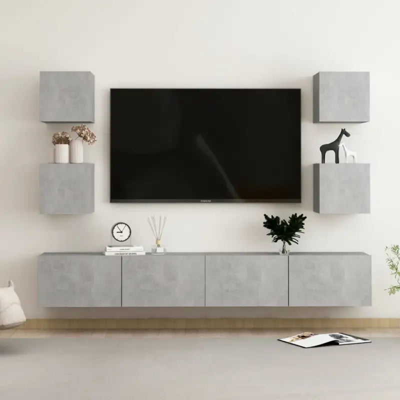 Tv-meubel van bewerkt hout met muurbevestiging en tijdloos design - Betongrijs / 1 / 200 cm - Tv-meubels