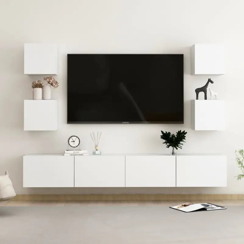 Tv-meubel van bewerkt hout met muurbevestiging en tijdloos design - Wit / 1 / 200 cm - Tv-meubels