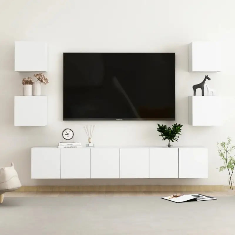 Tv-meubel van bewerkt hout met muurbevestiging en tijdloos design - Wit / 1 / 180 cm - Tv-meubels