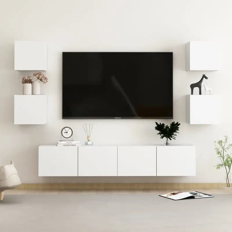 Tv-meubel van bewerkt hout met muurbevestiging en tijdloos design - Wit / 1 / 160 cm - Tv-meubels