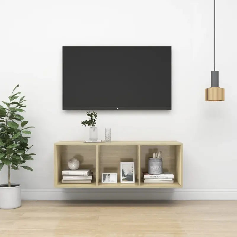 Tv-meubel van bewerkt hout met opbergruimte en muurbevestiging - Sonoma eiken / 1 / 107 cm - Tv-meubels