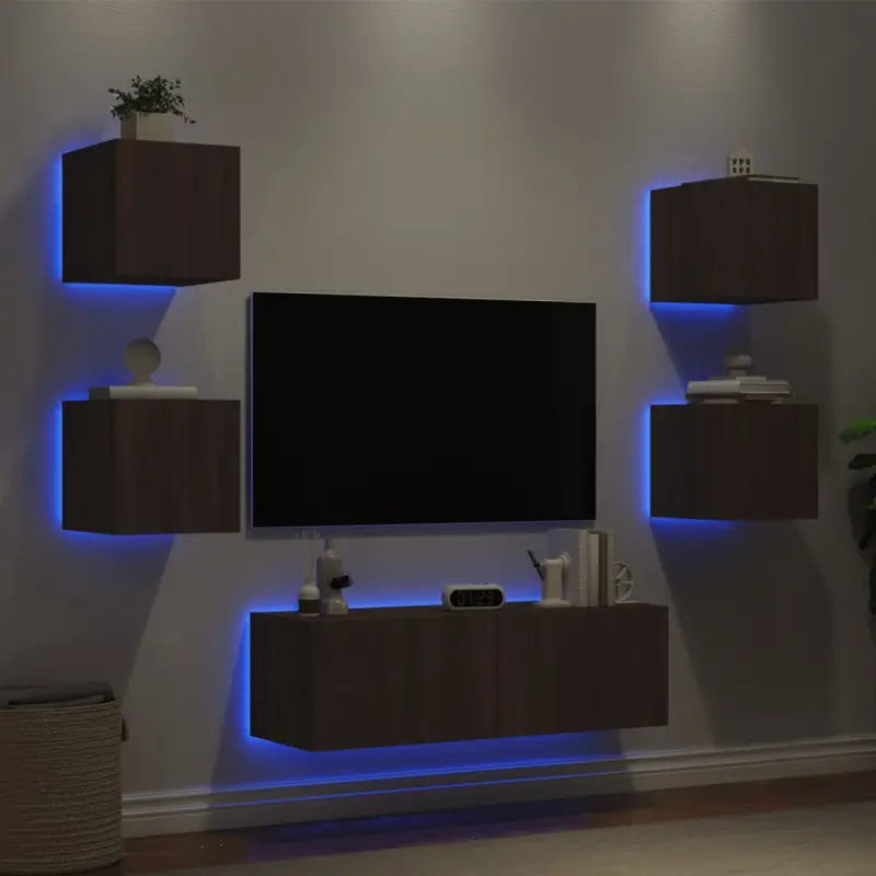 Tv-meubel van bewerkt hout met RGB LED-verlichting in gerookt eiken - bruin eikenkleur / 1 - Tv-meubels