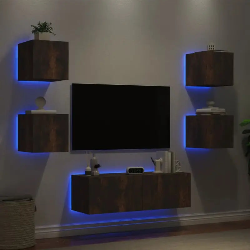 Tv-meubel van bewerkt hout met RGB LED-verlichting in gerookt eiken - Tv-meubels