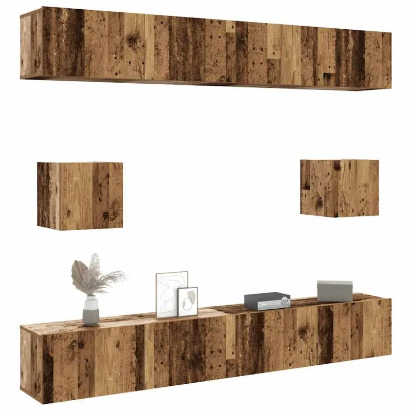 Tv-meubelset van bewerkt hout met opbergruimte voor wandmontage - Oud hout / 6 / 100 cm - Tv-meubels