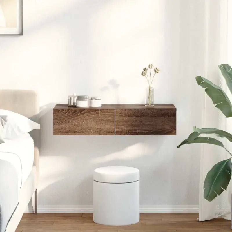 Wandplank met lades van bewerkt hout voor een praktische inrichting - bruin eikenkleur / 80 x 33 x 17 cm / 1