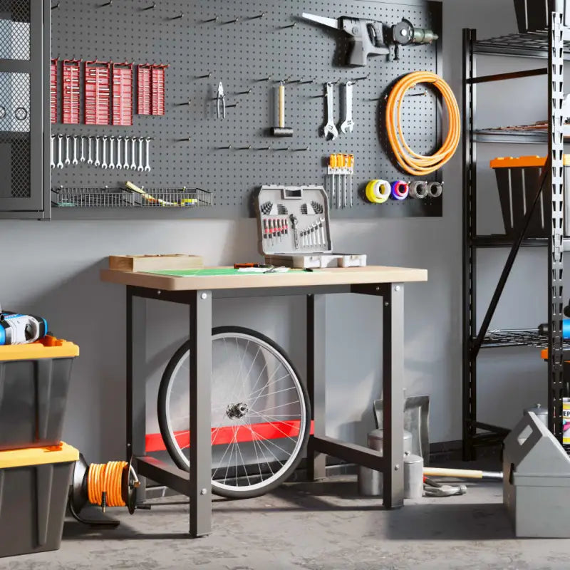 Werkbank van massief eikenhout met groot werkgebied en gepoedercoat metaal - Werkbanken