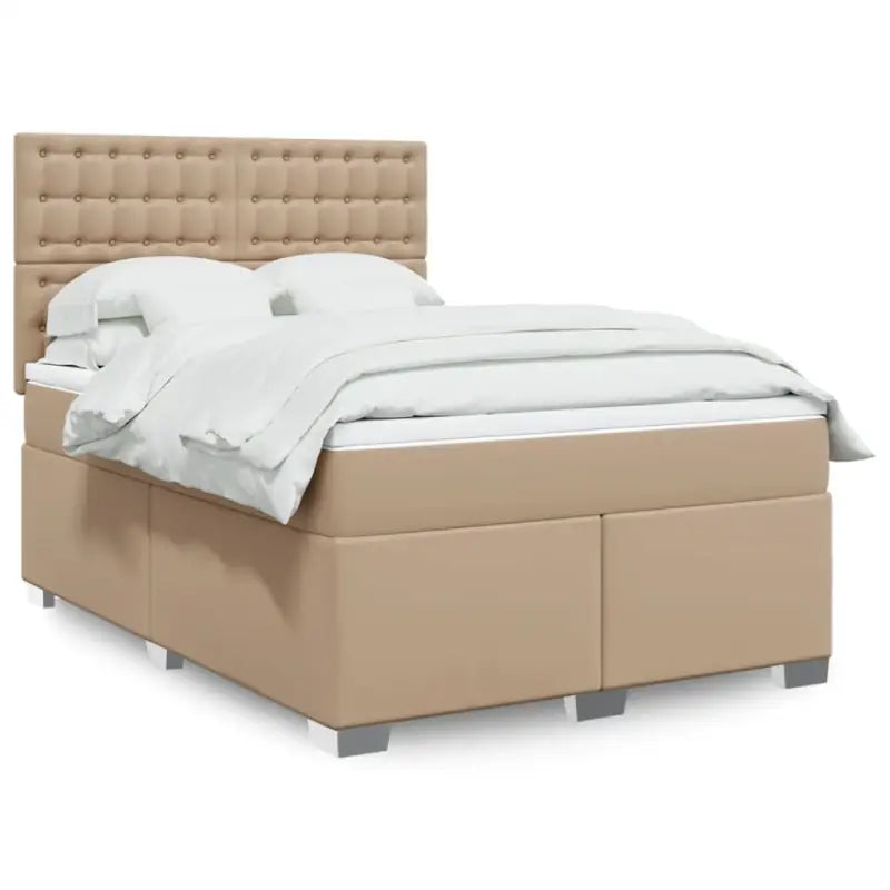 Wit materiaal boxspring met hoogte verstelbaar en massief grenenhout - Cappuccino / 140 x 190 cm / knoppwn - Bedden &
