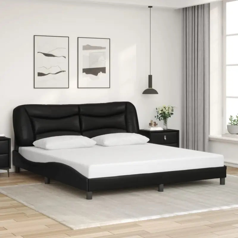 Zwart materiaal bedframe met hoofdeinde en multiplex lattenbodem - Zwart / 180 x 200 cm - Bedden & bedframes